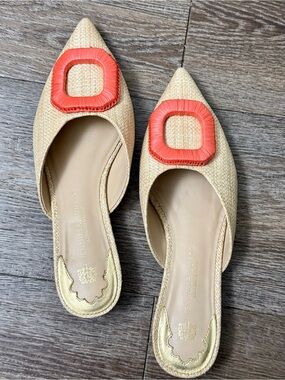 ANTONIO MELANI Jennifer Sumko Tan and Red Mules with Bold Decorative Element